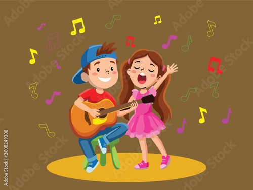 Happy Friendship Day: Kids Singing and Playing Guitar Cartoon Vector Illustration