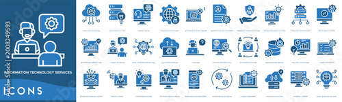 Information Technology Services icon set. Cloud Computing Services, Data Storage Solutions, IT Support Services, Managed Network Security, Software Development Services and Information Security Manage