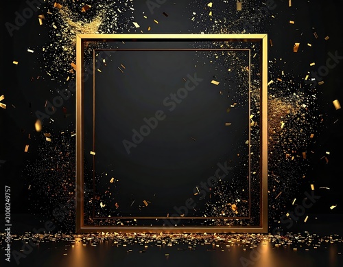 A gold picture frame surrounded by gold confetti on a black background