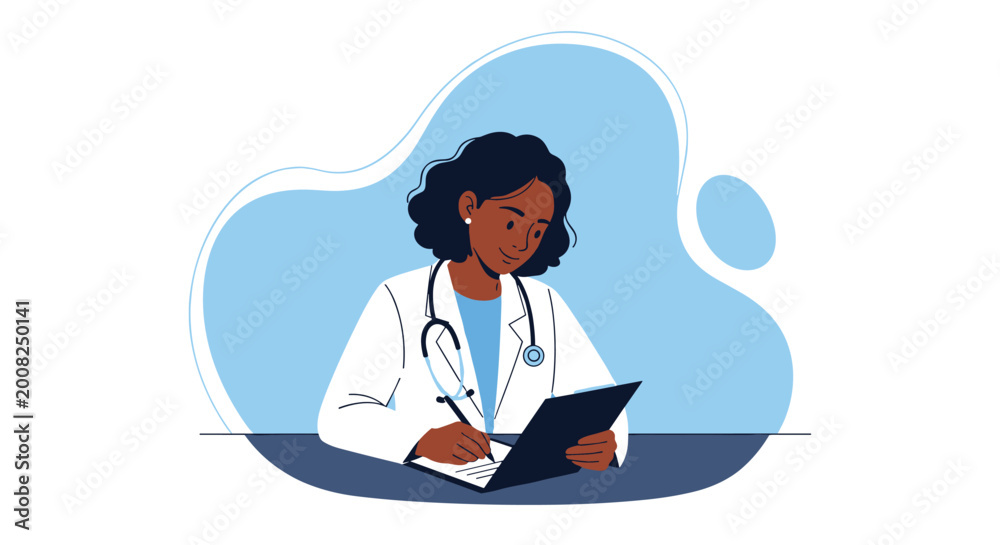 Fototapeta premium Professional female doctor wearing a white lab coat and stethoscope while writing important notes on a clipboard in a medical office.