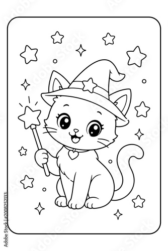 Cute Cat Witch Coloring Page with Magic Wand and Stars, Outline Illustration