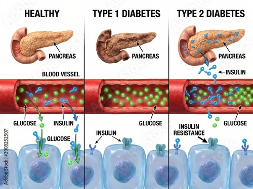 Detailed Comparison of Healthy Pancreas with Type 1 and Type 2 Diabetes Mechanisms in Human Body