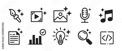 Artificial intelligence icons with AI generate buttons, including photo video audio coding symbols, modern interface elements for apps and websites, transparent background vector design.