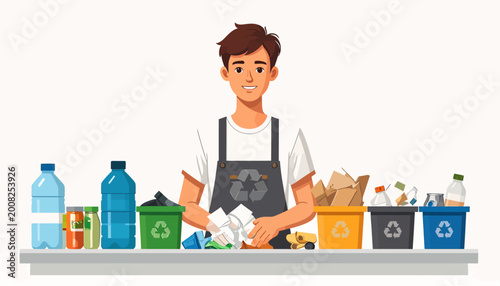 Recycling hero sorting plastic bottles and containers in a recycling center, promoting environmental awareness and sustainability