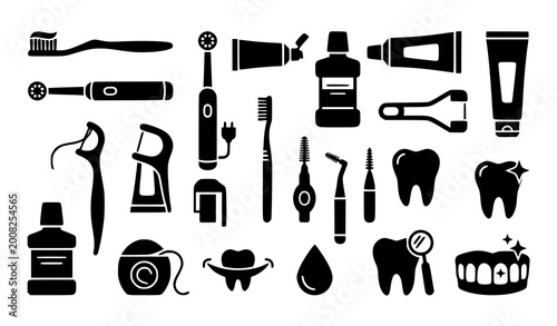 Photos Oral hygiene tools icon collection with toothbrush toothpaste and dental care sy