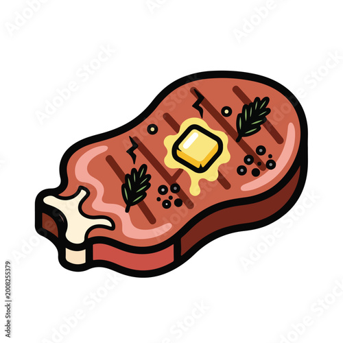 Foto Cartoon Illustration of a Grilled TBone Steak with Melting Butter and Herbs