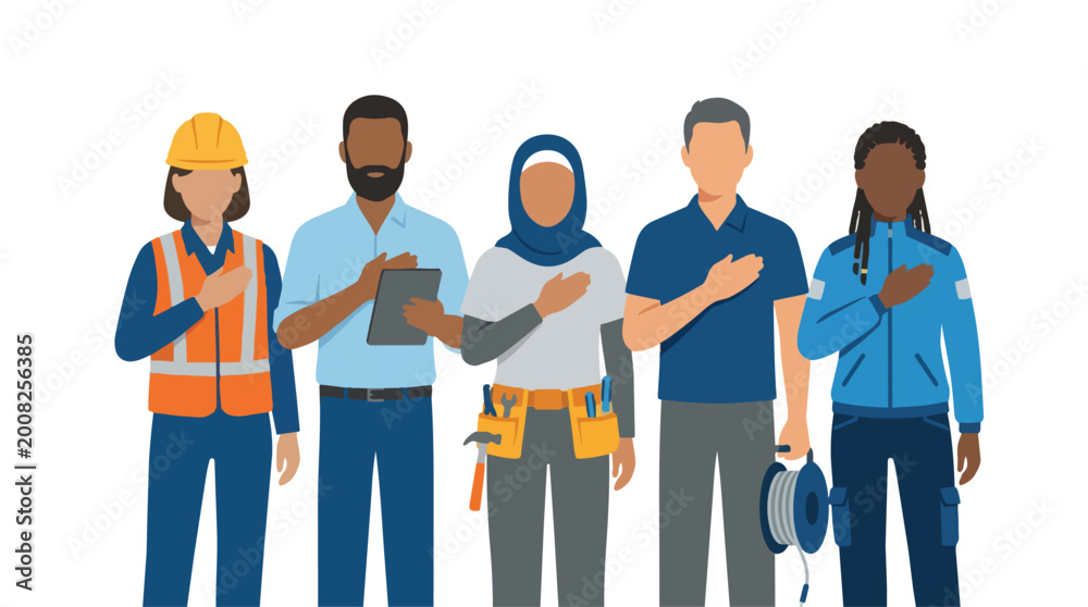 Obraz premium Diverse group of workers standing together with hands over hearts showing unity and appreciation for their country and professions