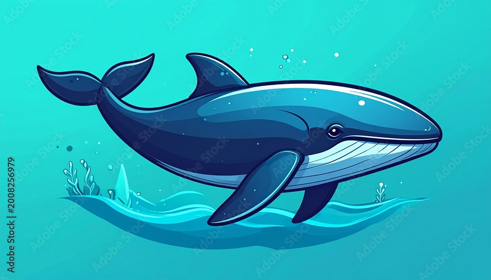 Obraz premium cartoon blue whale swimming underwater in vibrant ocean with bubbles and light rays