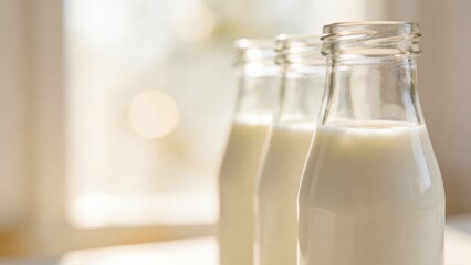 Three glass bottles of cow milk on a table near a window with natural light, showcasing a healthy and delicious dairy product.