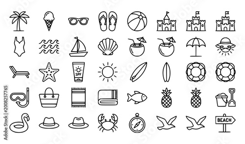 Fotografi Summer beach outline icon set with palm tree ice cream sunglasses and editable s