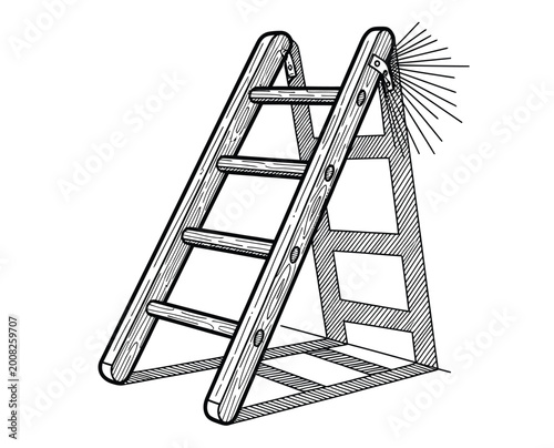 Wooden stepladder, A-frame ladder, portable stairs, home improvement, DIY tool, construction, maintenance, high place, reaching, step stool, rustic, vintage.