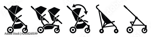 Useful set of baby stroller icons showing different pushchair types and folding stages.