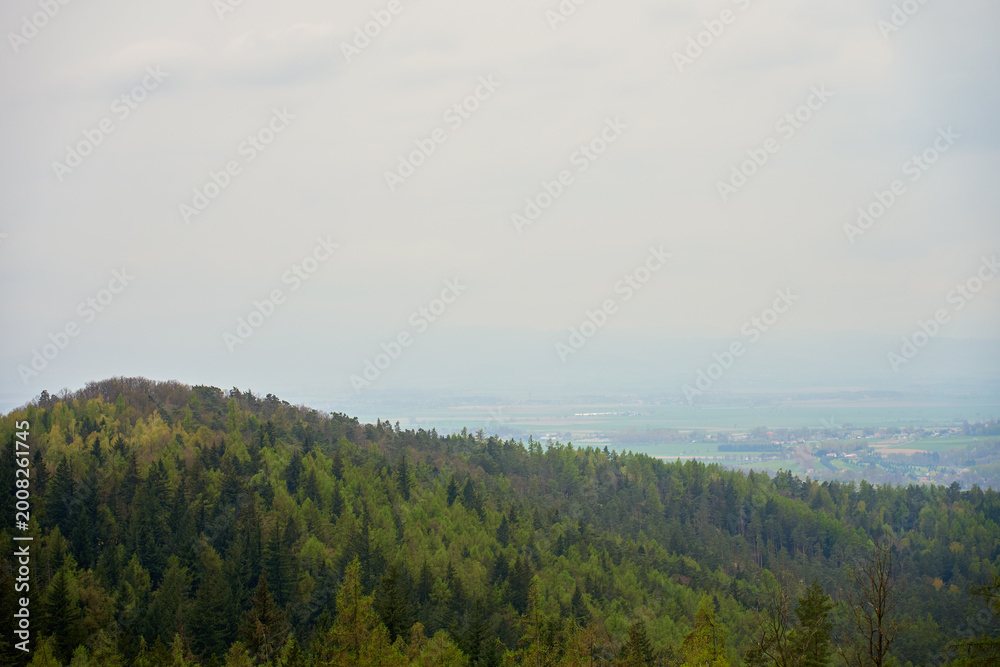 Fototapeta premium Wide landscape view of a green forested hill with a misty valley and farmland under cloudy sky. Concept of nature travel countryside scenery and rural environment