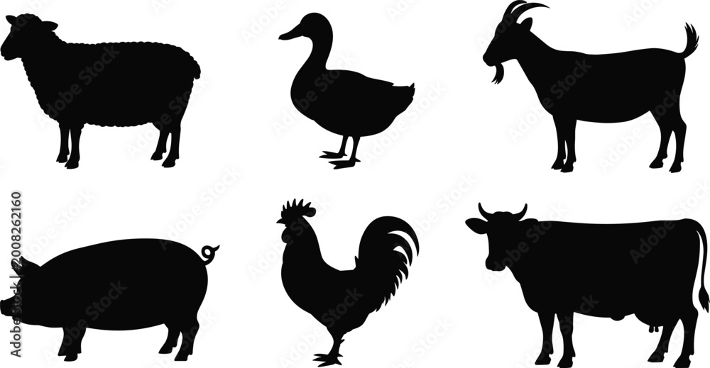 Fototapeta premium Black Farm Animal Silhouettes with Sheep Duck Goat Pig Rooster and Cow for Agriculture and Livestock Design Projects