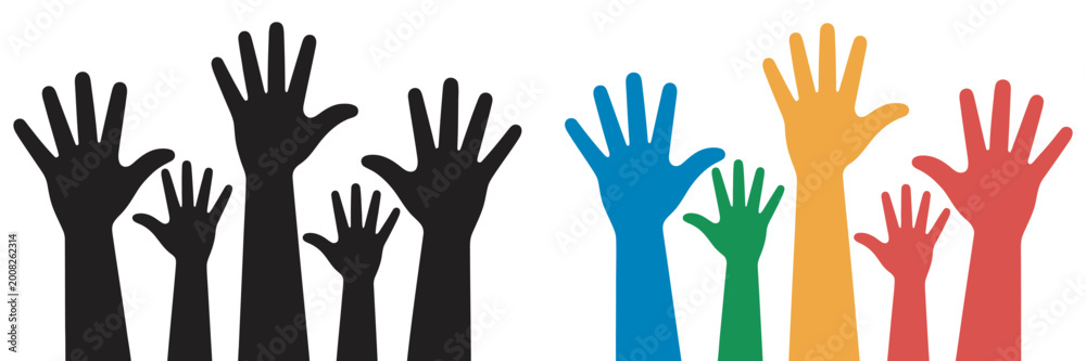 Fototapeta premium Raised hands diversity and unity participation icon, inclusive community teamwork collaboration symbol, social equality and support concept, engagement and togetherness, clean modern vector illustrati