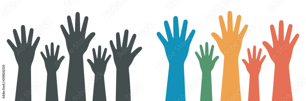 Fototapeta premium Raised hands diversity and unity participation icon, inclusive community teamwork collaboration symbol, social equality and support concept, engagement and togetherness, clean modern vector illustrati