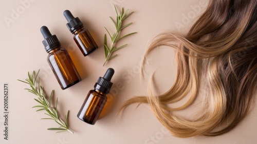 Rosemary essential oil bottles with natural hair strands for beauty treatment