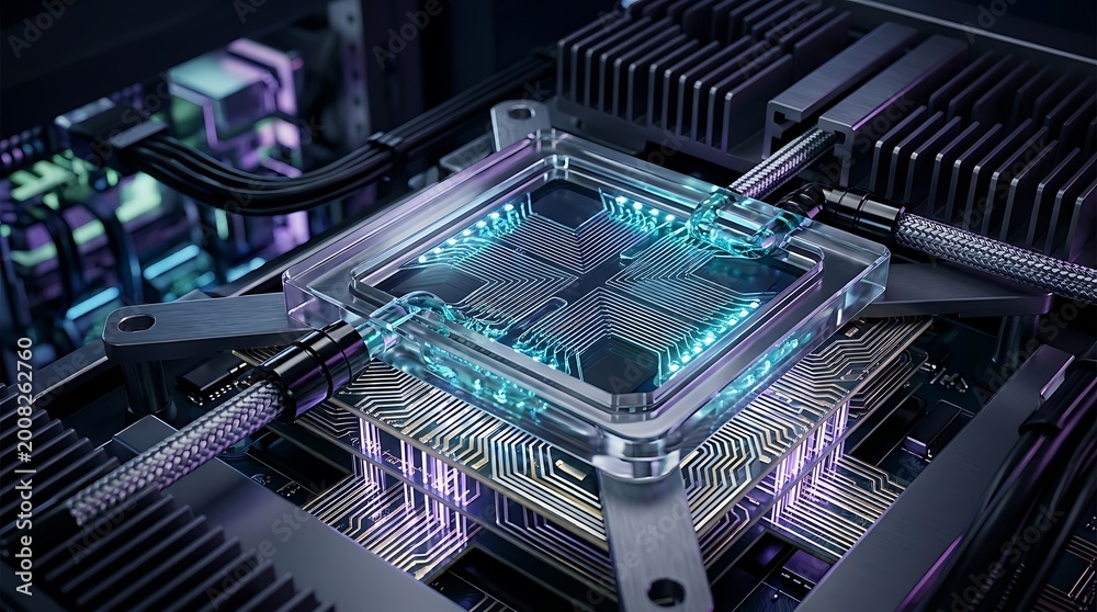 Fototapeta premium Advanced computer processor with liquid cooling system illuminated by blue and purple lights on a dark background representing technology and innovation