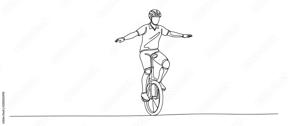 Obraz premium Unicyclist balancing on a unicycle in a single line drawing for skill and activity designs