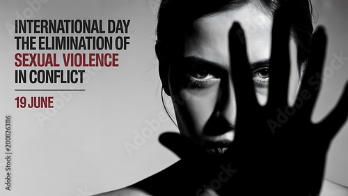 International day for elimination of sexual violence in conflict concept with woman face and hand shadow expressing fear and protection