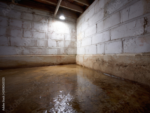 Damp basement floor efflorescence white powder concrete wall water damage mold stain flooded room moisture problem