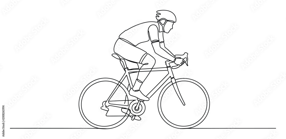 Fototapeta premium Continuous line drawing of a cyclist riding a road bicycle representing active sports and healthy living