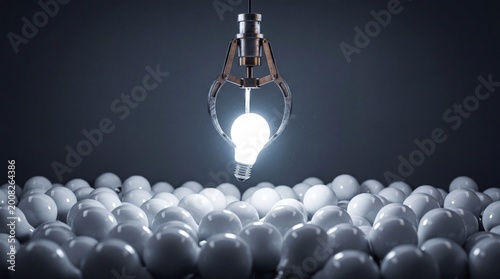 3D claw machine capturing glowing light bulb among pile of dim bulbs in factory