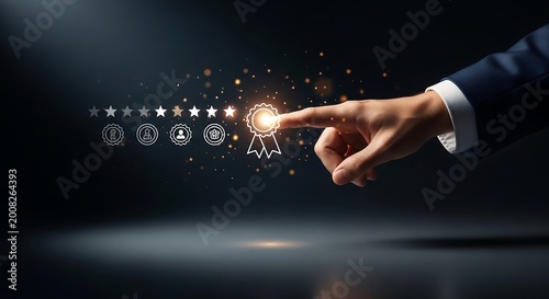 Customer satisfaction hand selecting glowing review icon, business concept photography for service branding and premium UX evaluation advertising
