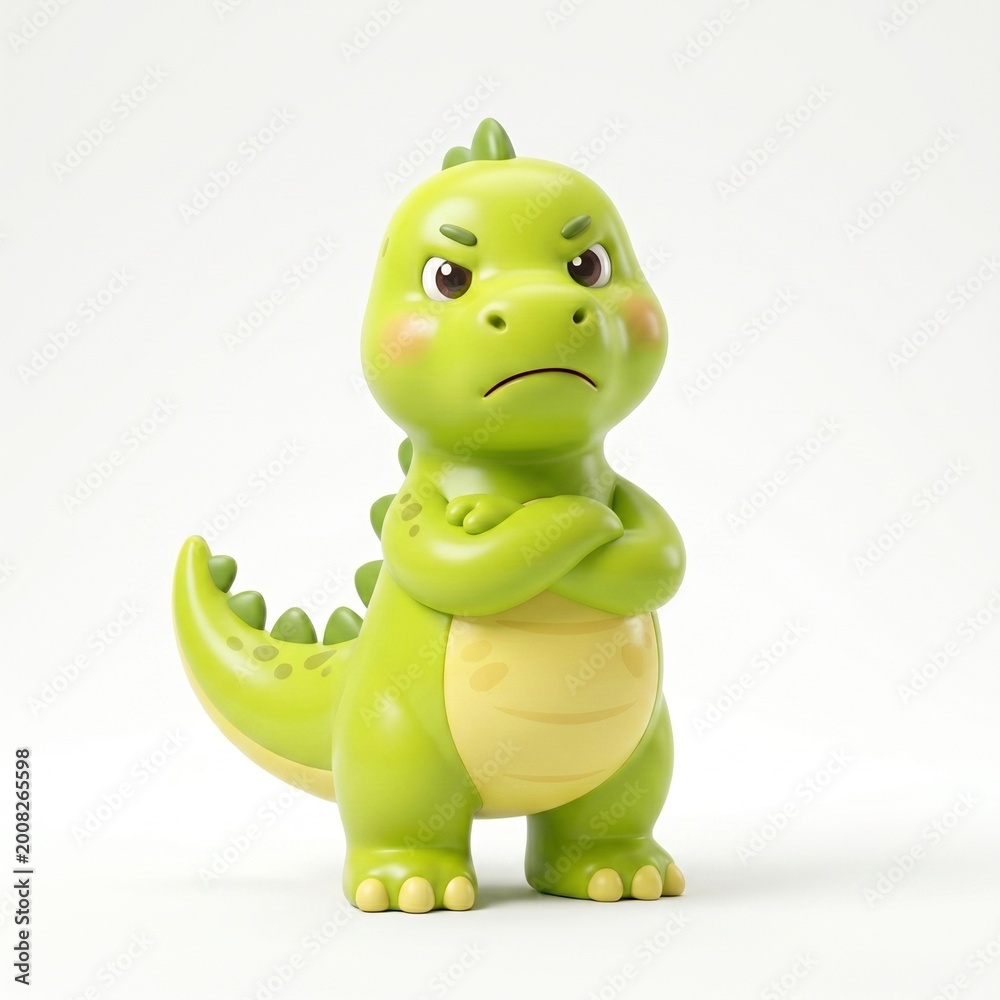 Fototapeta premium Angry 3D dinosaur mascot with serious expression, standing in a calm pose. isolated on white background.