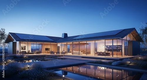Futuristic smart home with seamless solar roof, architectural photography for sustainable luxury living and modern real estate advertising