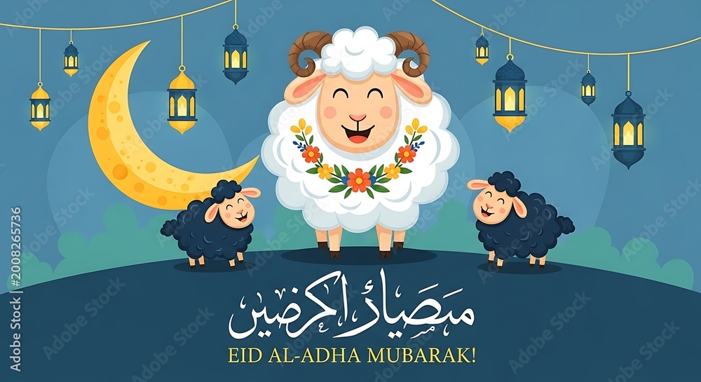 Naklejka premium Cute sheep celebrating eid al-adha mubarak