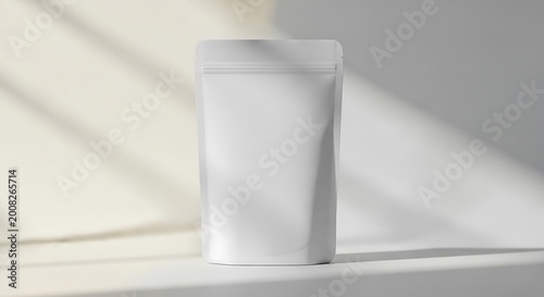 Matte white standing pouch on limestone pedestal, product photography for minimalist packaging branding and premium mockup advertising