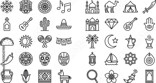 Foto Black Outline Mexican And Arabian Cultural Icon Set With Cactus Camel Mosque Som