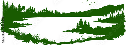 Wide lake landscape with reeds and distant forest silhouette vector can Editable