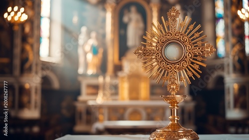 Golden monstrance on church altar with blurred cathedral background and warm light