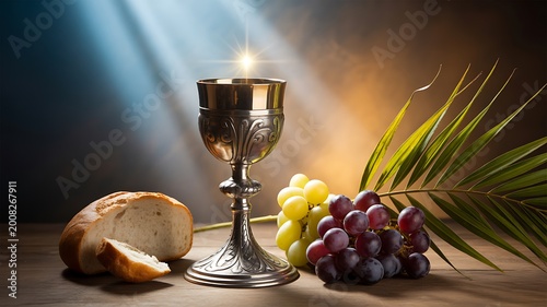 Christian communion still life with chalice bread grapes and wheat on table in warm light
