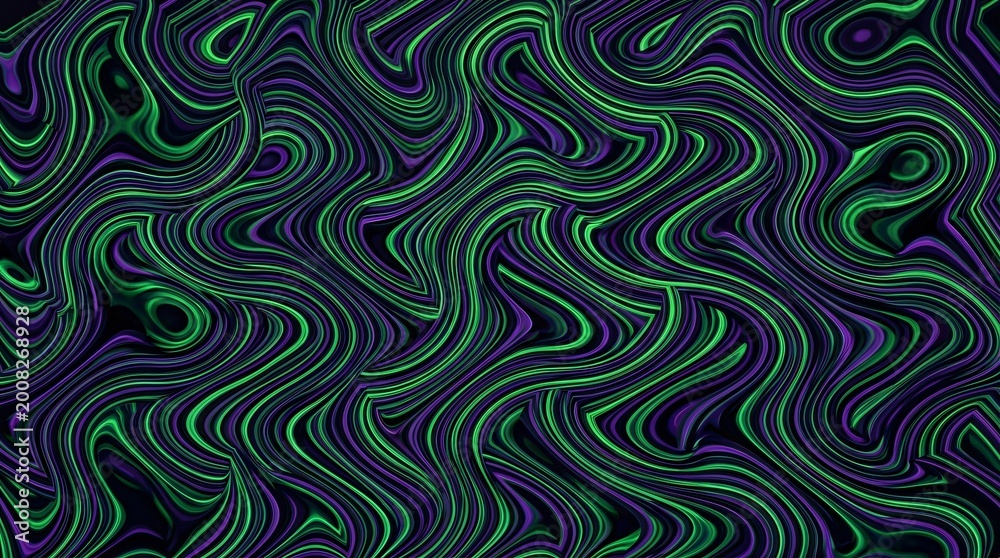 Fototapeta premium Psychedelic Wavy Abstract Background with Swirling Green and Purple Lines and Dark Black Contrast