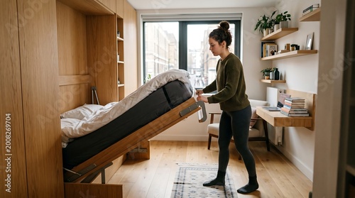 Young man making his bed in a modern small room