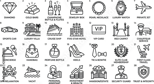Luxury travel, hotel, and lifestyle icons, 40 symbols