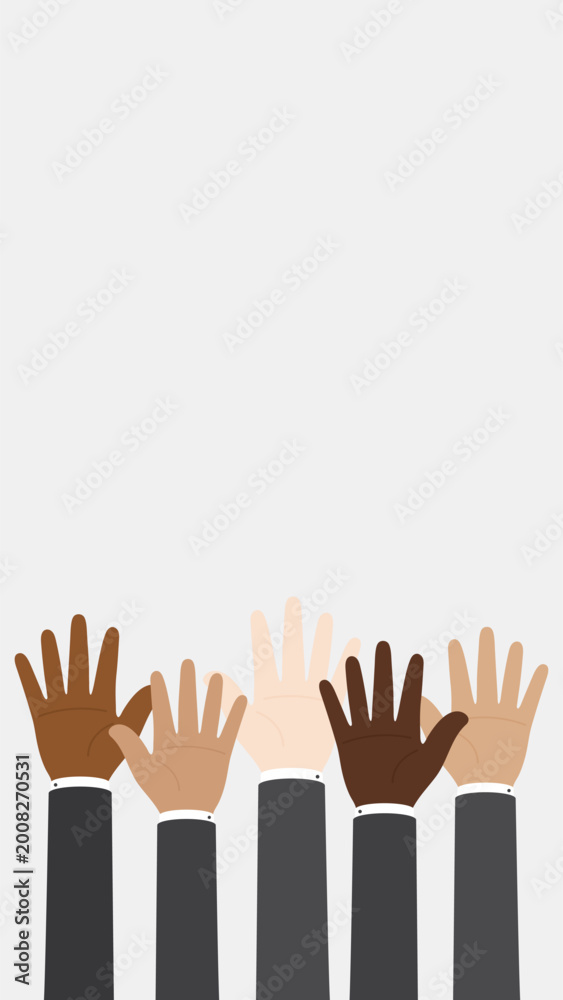 Obraz premium Flat design illustration of businessmen hand in suit raising their hands. Business concept.