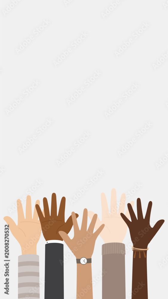 Fototapeta premium Flat design illustration of people with different skin colors raising their hands. Unity concept.