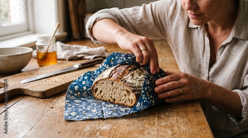Woman wrapping bread in reusable cloth
