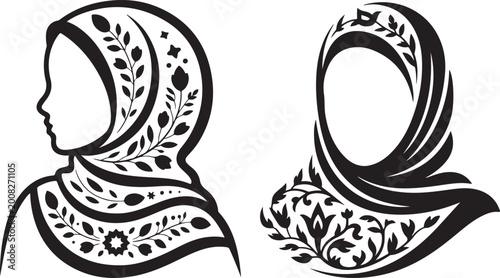 Muslim woman silhouette in hijab with floral pattern