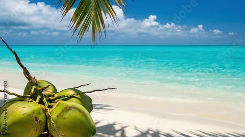 Tropical Beach Scene with Fresh Green Coconuts on White Sand and Turquoise Ocean Water