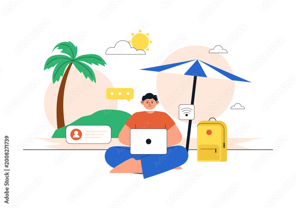 Fototapeta premium Digital Nomad Lifestyle Illustration Featuring Remote Work Travel With Laptop, Online Communication, Beach Office, and Global Connectivity Design