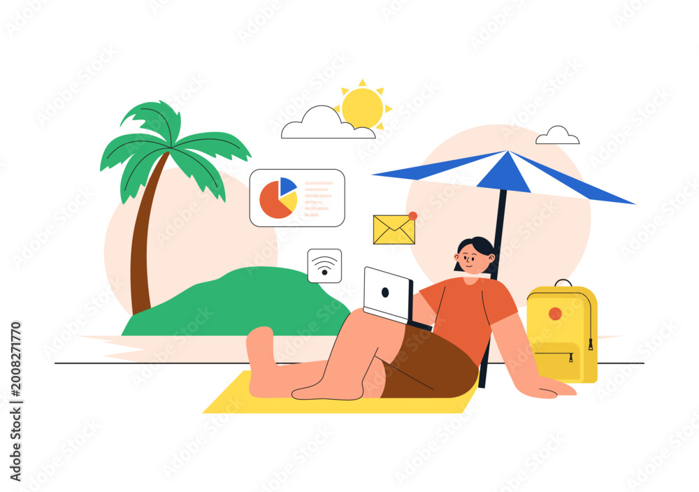 Fototapeta premium Digital Nomad Lifestyle Illustration Featuring Remote Work Travel With Laptop, Online Communication, Beach Office, and Global Connectivity Design