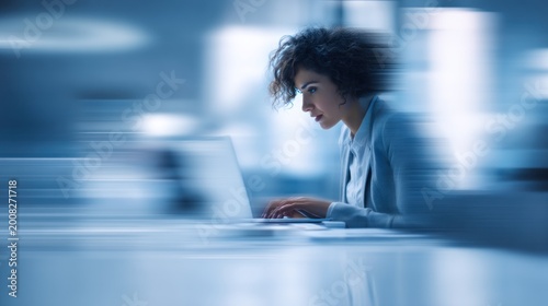 Woman works on laptop with motion blur