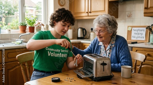 A young boy and an elderly woman in a kitchen with a toaster