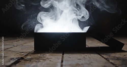 Mysterious smoke emanating from an open black box on a rustic wooden floor, creating intrigue