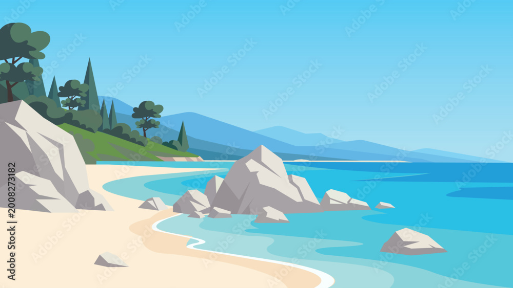 Fototapeta premium Rocky Curve Mediterranean Beach Flat Design Illustration